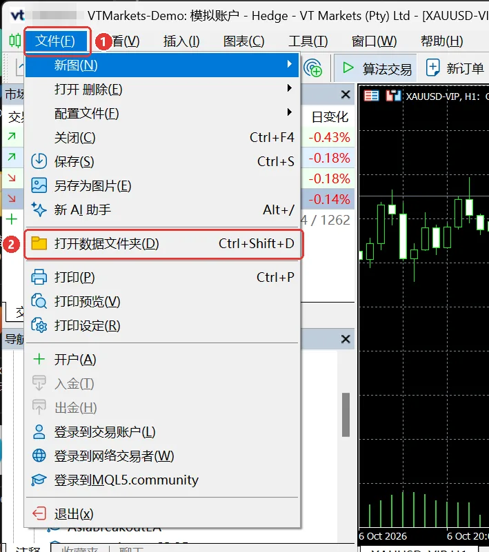 MT5 文件菜单里的打开数据文件夹