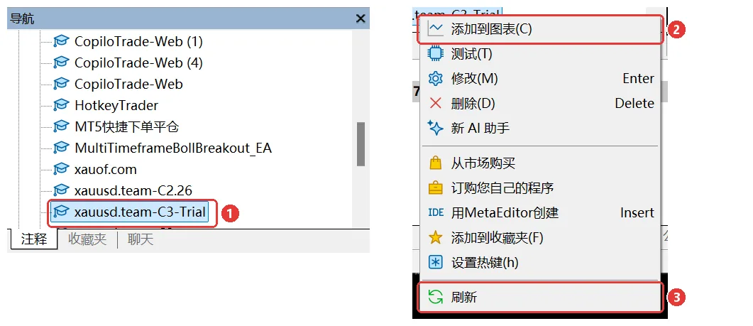 MT5 导航里的试用版 EA 和右键菜单